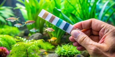 Aquarium enthusiast using test strips to measure water parameters of freshwater aquarium for fish health