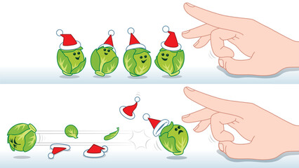 Before and After Action of a Group of happy Green Brussel Sprouts wearing Santa Hats being Flicked by a Finger