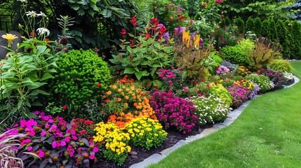 Blooming Beauty: Vibrant Summer Garden with Colorful Flower Bed and Lush Green Shrubs