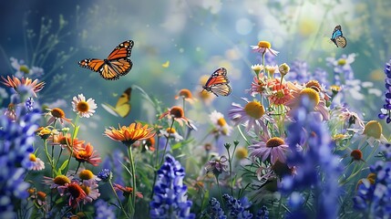 Serene Summer Garden with Vibrant Butterflies and Blossoming Flowers in Soft Sunlight