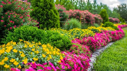 Blooming Paradise: Vibrant Flower Bed in a Lush Summer Garden