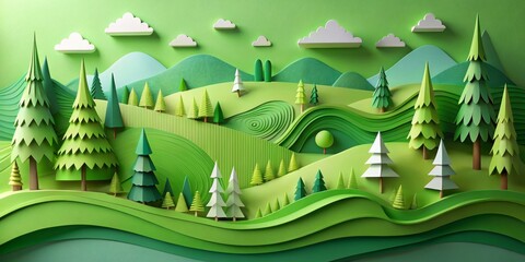 Abstract green paper sculpture landscape for greeting cards