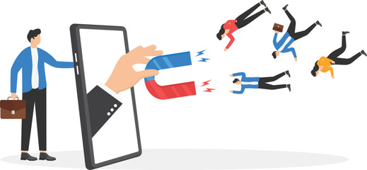 Marketing materials find more new customers and campaigns that attract new customers, Social media tools, Businessman and big hand holding magnet from smartphone.

