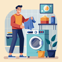 A Man Washing Cloths in a Washing Machine