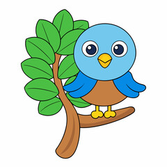 Cute cartoon bird on tree vector illustration on white background