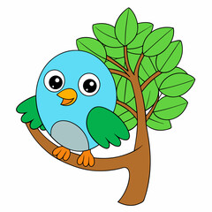 Cute cartoon bird on tree vector illustration on white background