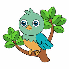 Cute cartoon bird on tree vector illustration on white background