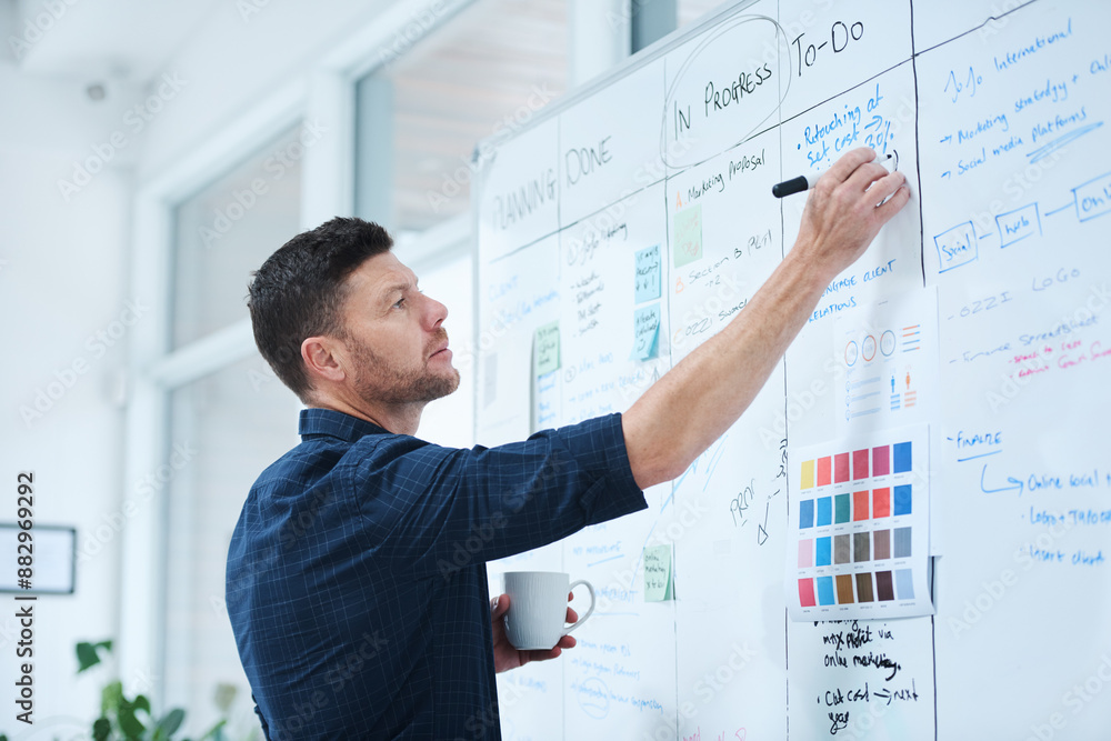 Aufkleber businessman, writing and planning in office with whiteboard, thinking and creative brainstorming for