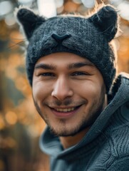 A cheerful man wearing a whimsical cat hat, ready for a playful moment