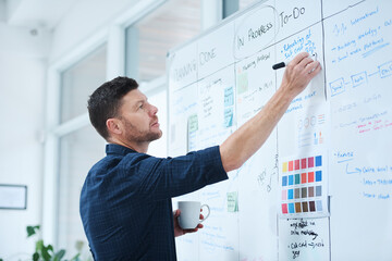 Businessman, writing and planning in office with whiteboard, thinking and creative brainstorming for tasks. Project manager, coffee and idea for marketing campaign, strategy development and workflow.
