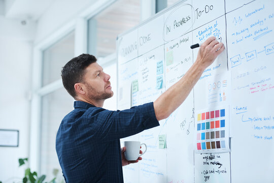Businessman, writing and planning in office with whiteboard, thinking and creative brainstorming for tasks. Project manager, coffee and idea for marketing campaign, strategy development and workflow.