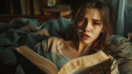 Midnight Worries - Woman Reading a Book with Concern at 3:45 AM in Dimly Lit Room