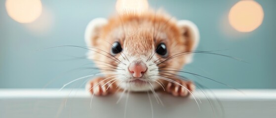 Fototapeta premium Adorable ferret face close-up with a blurred background, showcasing its cute whiskers and curious expression, ideal for pet stock photos.