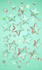 Abstract stars and balls on a light green background 3D rendering.
3D background. Abstract background. 3D graphics. 3D background.