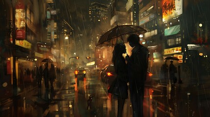 Obraz premium Romantic Couple Sharing Umbrella on Busy City Street