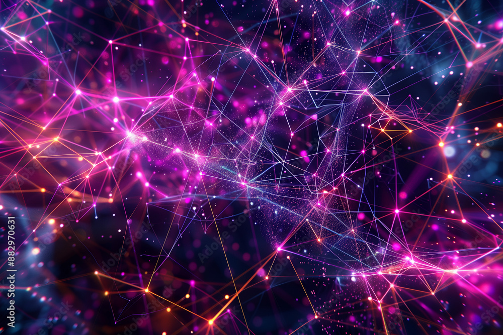 Poster a digital data visualization of a network, with lines and nodes connecting to form a complex web