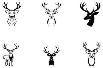  Black out line Vector Illustration of a Deer Head on a White Background