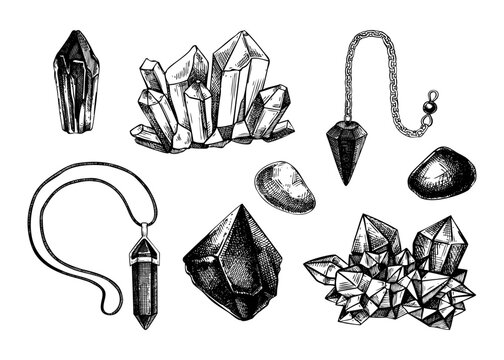 Gemstones and crystal vector illustration. Hand-drawn stone sketches. Alchemy, witchcraft,
Halloween design element.  NOT AI generated