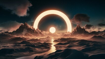 Beautiful landscape with lighting line, futuristic technology conceptual,Halo around full moon above the desert