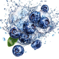 Blueberries with Water Splashes Isolated on Transparent or White Background, PNG