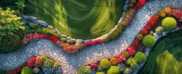 Top view of beautiful ornamental stone wall with flower beds and grass in the middle, on top is an aerial photo of large green lawn and colorful flowers.