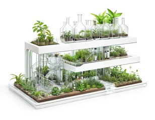 vertical garden with a white structure that holds glass bottles filled with plants. The garden is designed to be space-saving and efficient.