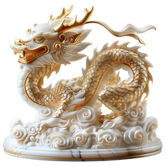 Fototapeta premium Golden Chinese Dragon Statue Isolated on Transparent or White Background, PNG