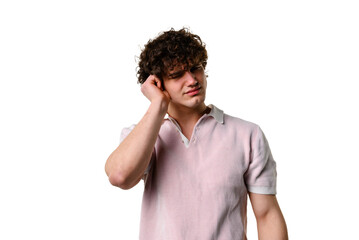 Suffering from pain caused by acute otitis. Man is dealing with ear infection caused by bacterium....