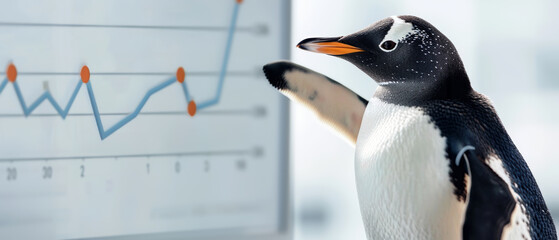 Fototapeta premium A penguin points at a line graph on a whiteboard, humorously suggesting an analysis or presentation in an office-like setting.