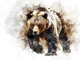 A grizzly bear walks through deep snow, its fur fluffed up against the cold