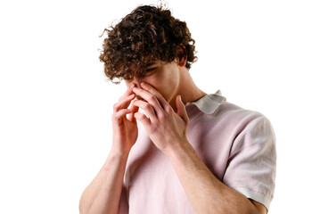 Man has his nose broken. Painful trauma with face deformation. Suffering from inflammation tissues...