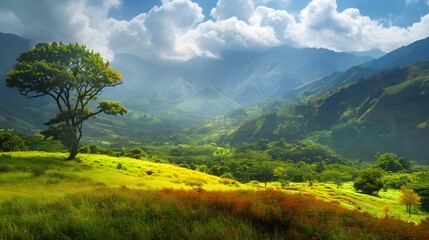 Obraz premium Majestic view of beautiful lush green valley with trees and colorful grass against picturesque high mountains. 