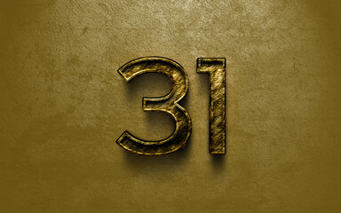 3D dark golden number design of 31 on cracked golden background.