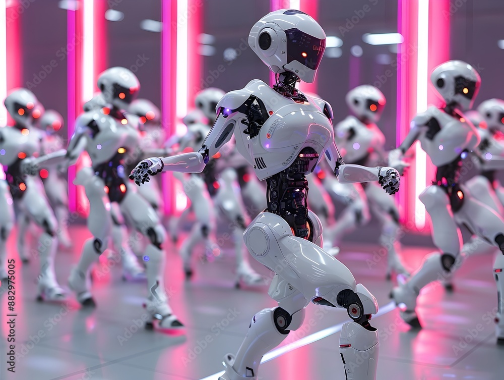 Poster synchronized humanoid robots showcasing fluid dance performance in futuristic setting