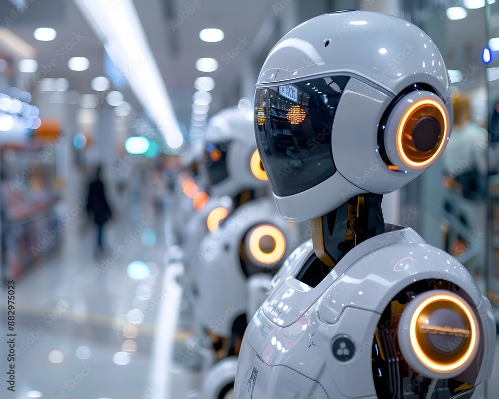 Poster service robots assisting customers in a high tech retail store blending shopping with advanced techn