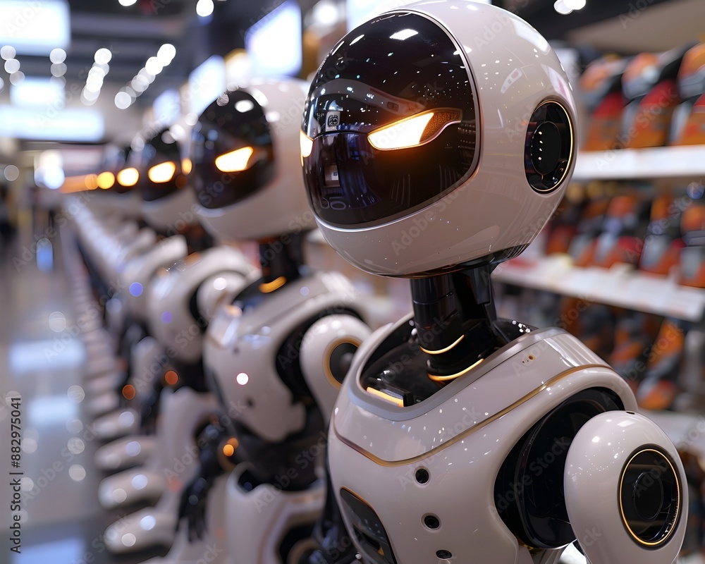 Poster service robots assisting customers in high tech retail store blending shopping and advanced technolo