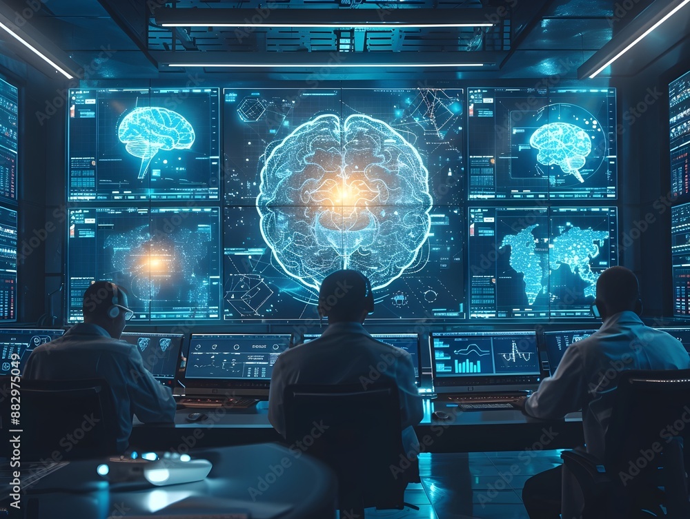 Poster scientists analyzing brainwave data through neural technology interface in high tech lab