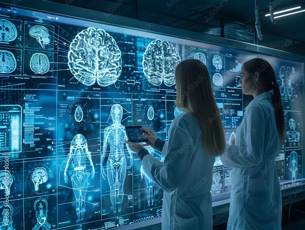 Poster high tech neural lab conducting brain activity experiments with holographic displays