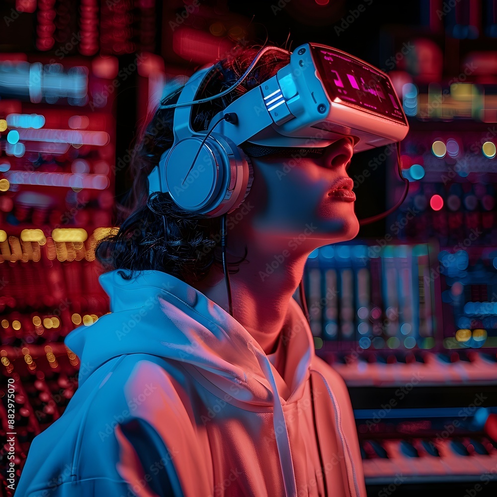 Poster person using neural headset to compose music directly from thoughts in creative studio environment