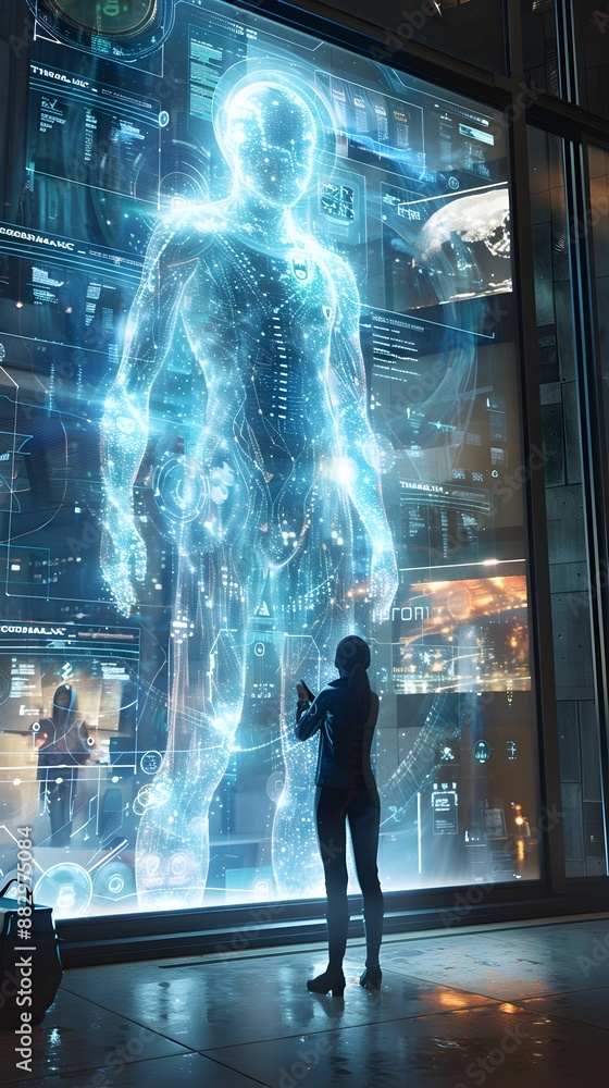 Poster advanced neural technology enabling remote through holographic interactions in futuristic office set