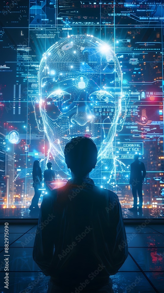 Poster advanced neural technology enabling remote through futuristic holograms in sleek office setting