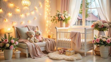 Soft, warm lighting illuminates a serene home atmosphere with gentle focus on a vacant armchair, hinting at loving motherhood.