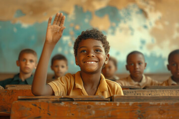 A happy African boy in a village school classroom against the backdrop of students raised his hand to answer the teacher in class. Back to school. Education and training concept.