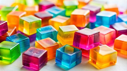 Obraz premium Vibrant colorful cubes of translucent gelatinous dessert scattered randomly on a white background with subtle soft focus effect.