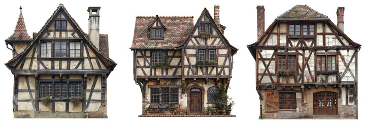 French Half-Timbered Building Set Isolated on Transparent or White Background, PNG