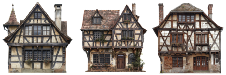 French Half-Timbered Building Set Isolated on Transparent or White Background, PNG