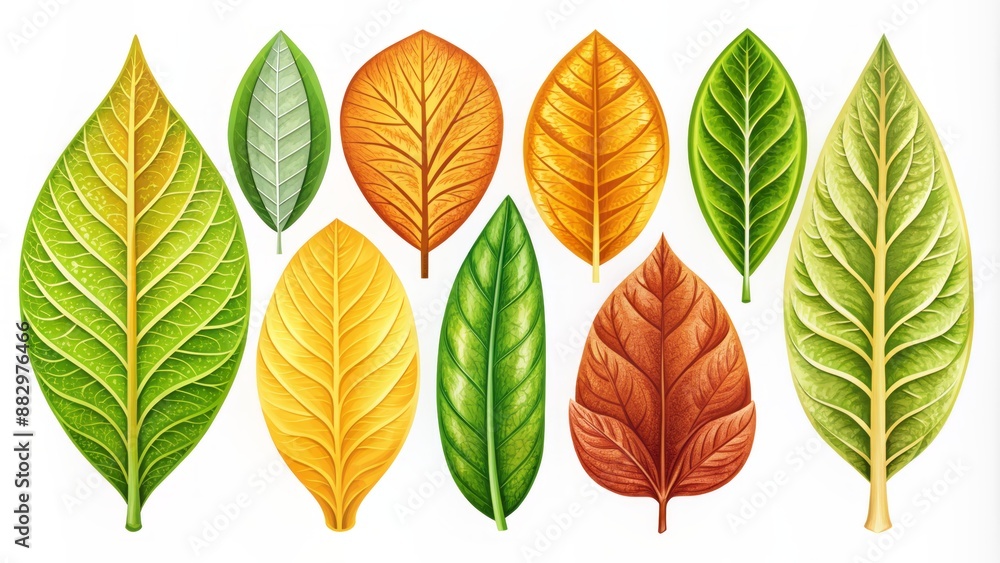 Poster colorful vector icons set of various tobacco leaves in different shapes and styles on a white backgr