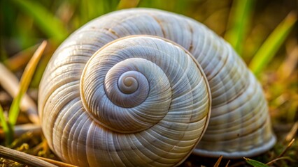 Macro shot of a small white circular shell with subtle texture and delicate ridges housing a tiny snail's fragile body.