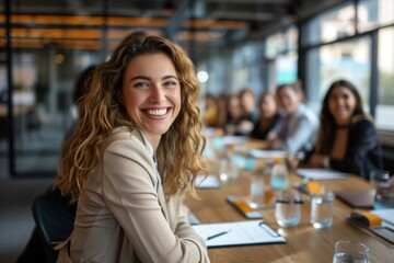 Businesswoman with team at conference table, focused setting.