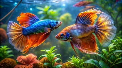 Fototapeta premium Vibrant, intricately scaled, orange and blue fighting fish engage in fierce underwater battle amidst aquatic plants in a small pond.